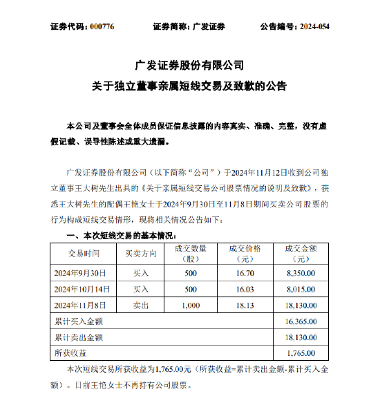 广发证券：独立董事王大树亲属短线交易公司股票-第1张图片-彩票联盟